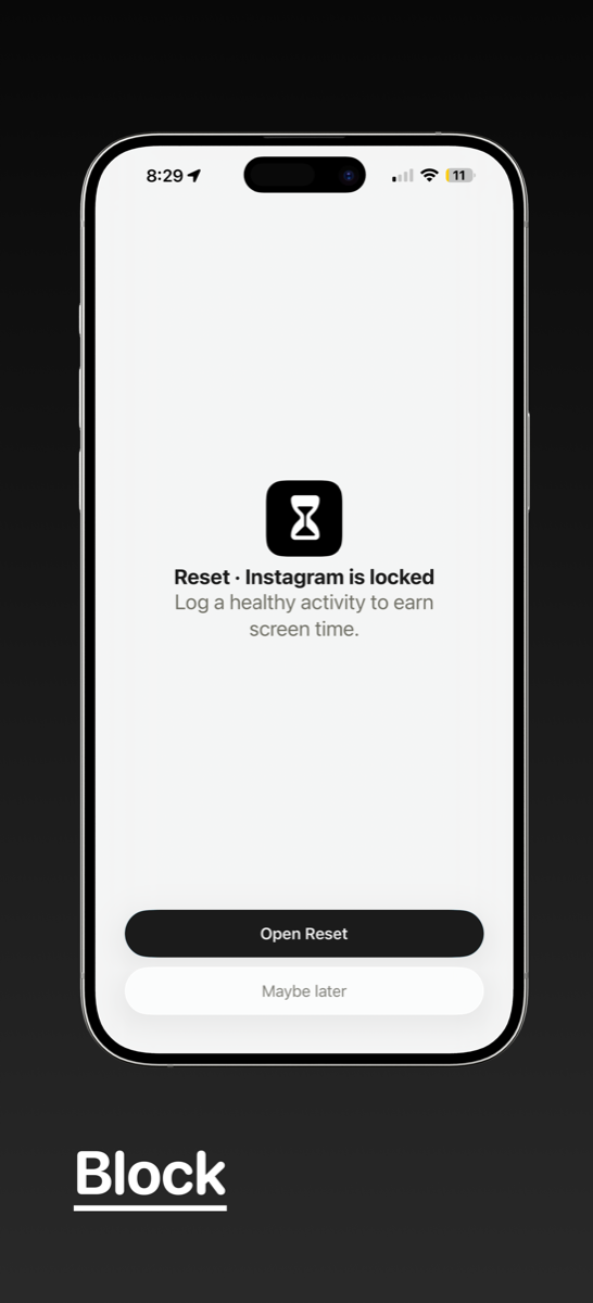 Reset blocking Instagram until a healthy activity is logged.
