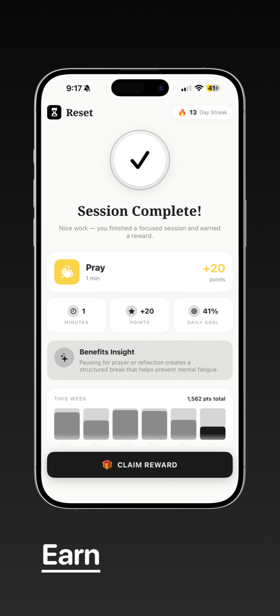 Reset session complete screen showing a finished activity reward.