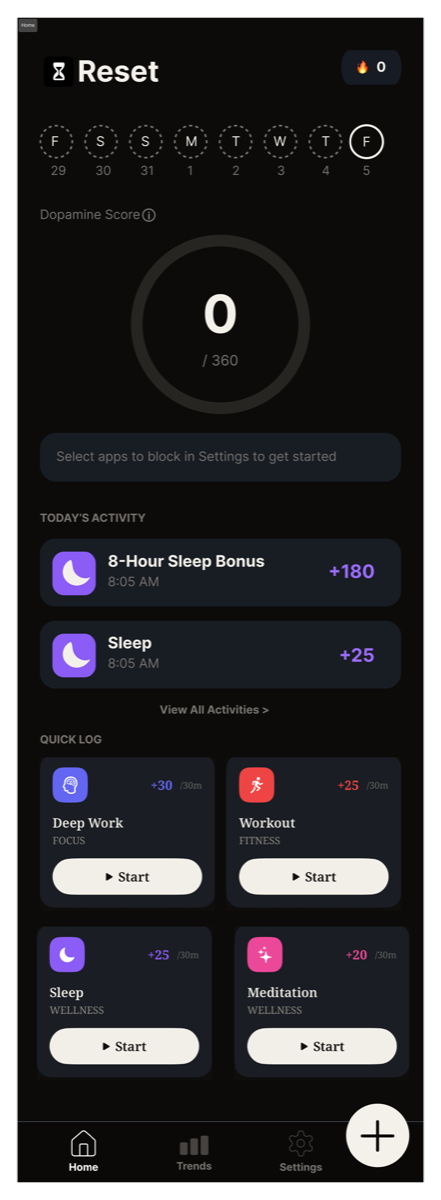 Reset home screen with dopamine score and quick habit logging.