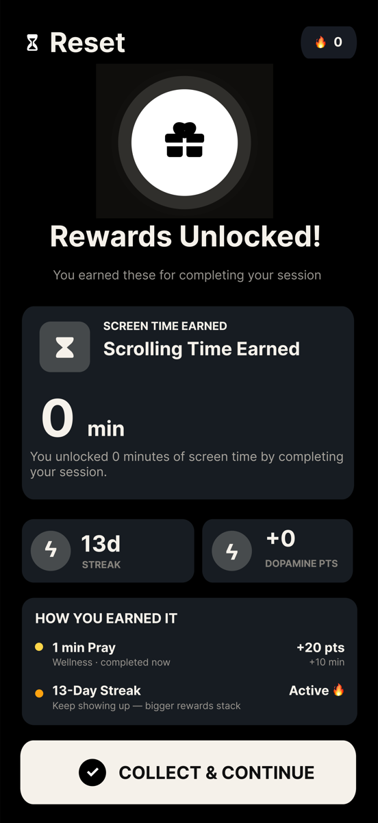 Reset rewards unlocked screen with scrolling time earned.