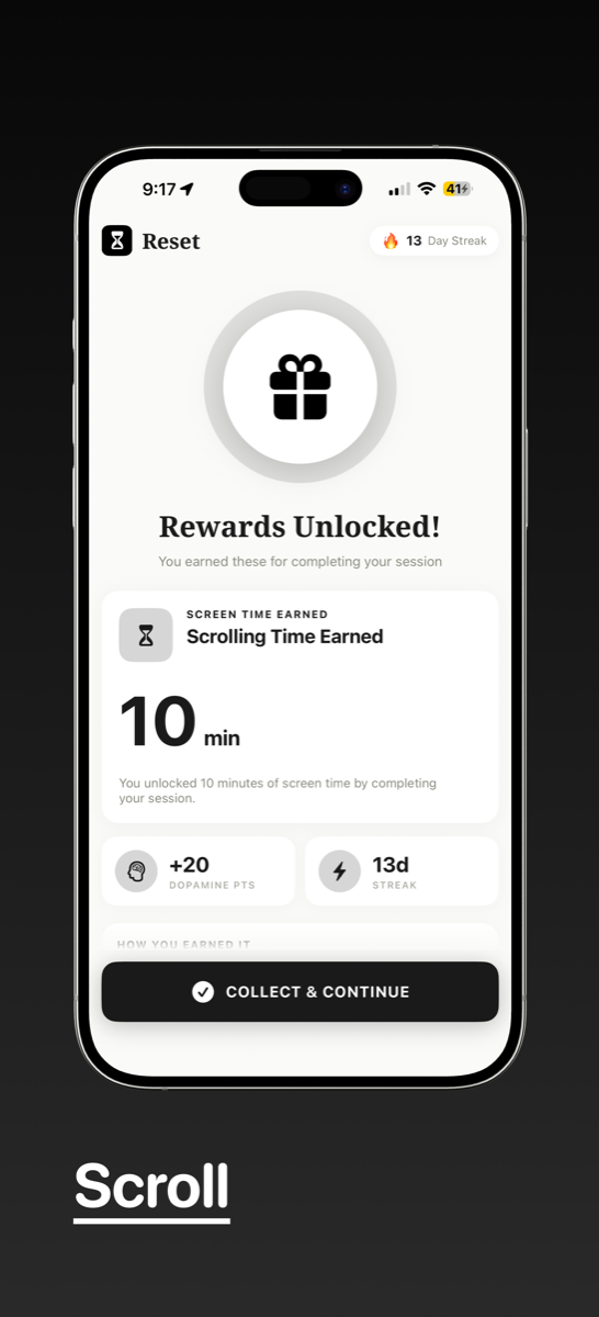 Reset rewards screen showing scrolling time earned.