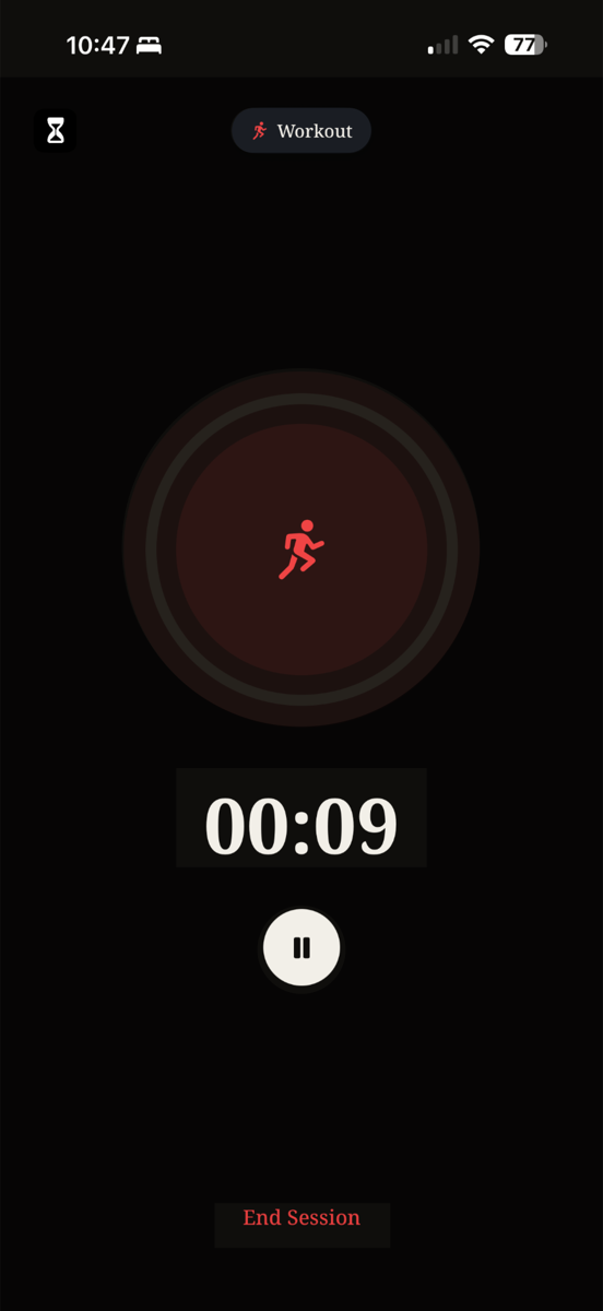 Reset timer screen during a workout session.